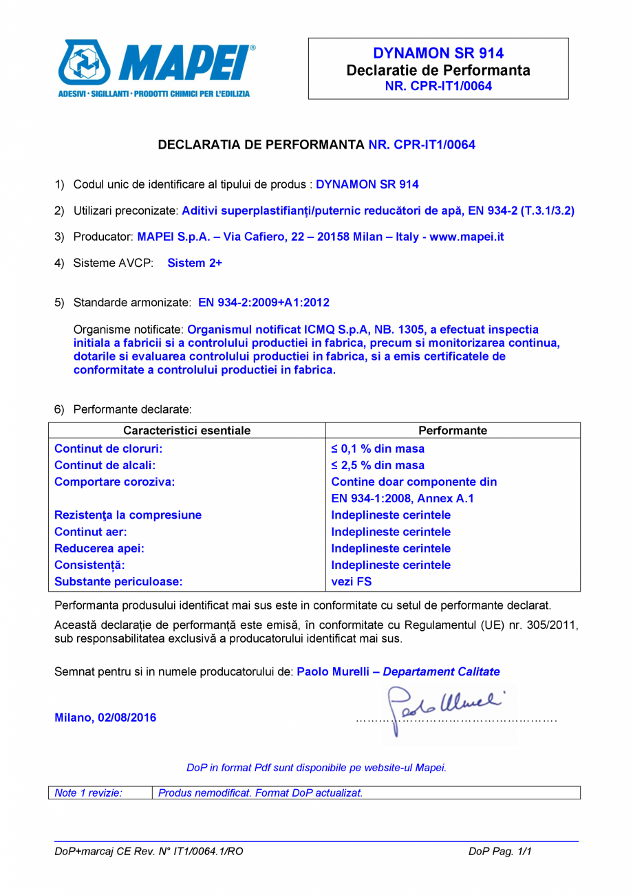 Pagina 1 - Declaratie de performanta pentru aditiv superplastifiant/puternic reducator de apa MAPEI ...
