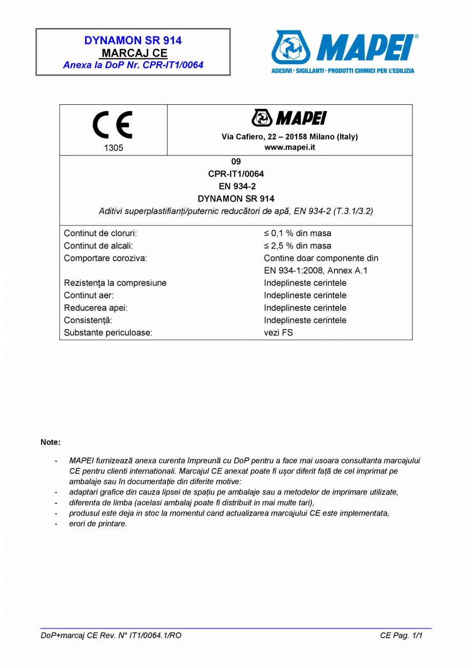 Pagina 2 - Declaratie de performanta pentru aditiv superplastifiant/puternic reducator de apa MAPEI ...