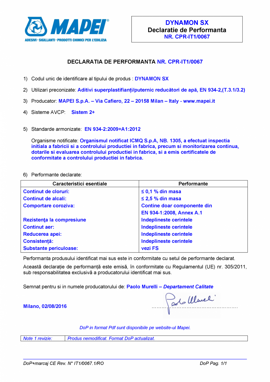 Pagina 1-Declaratie de performanta pentru aditiv superplastifiant/puternic reducator de apa    MAPEI DYNAMON ...