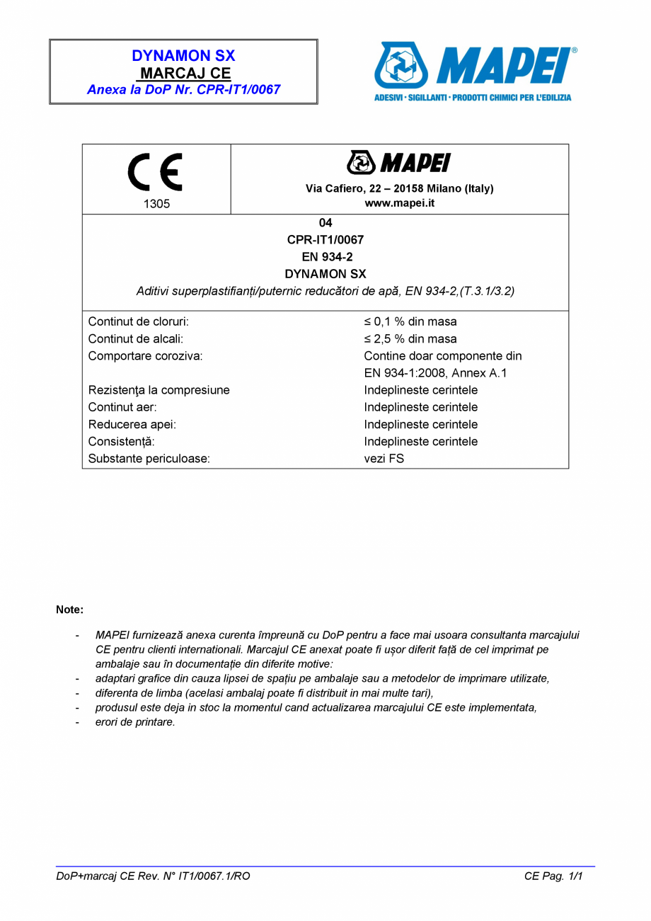 Pagina 2-Declaratie de performanta pentru aditiv superplastifiant/puternic reducator de apa    MAPEI DYNAMON ...