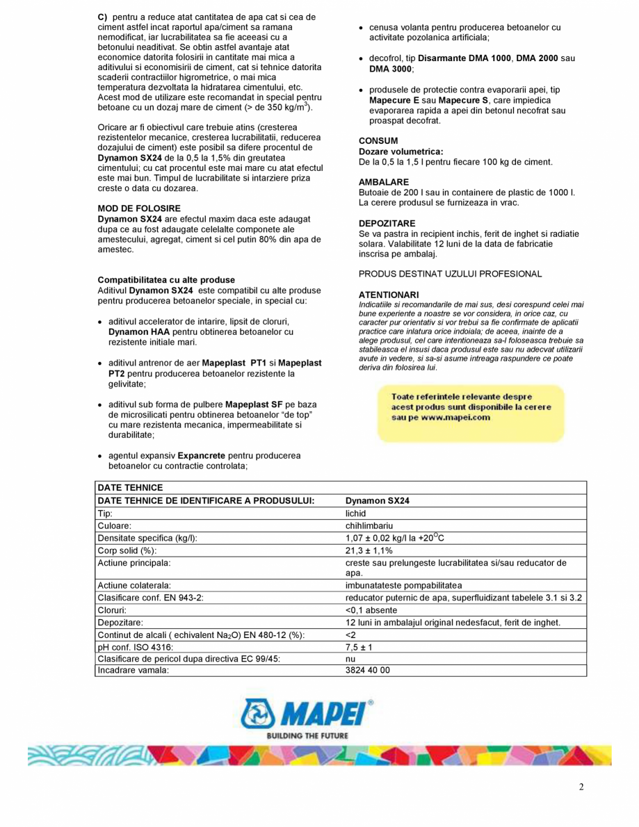 Pagina 2-Superfluidizant pentru beton marfa, puternic reducator al cantitatii de apa MAPEI DYNAMON SX 24 Fisa...