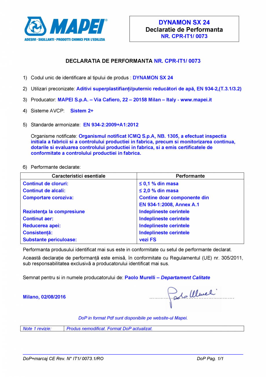 Pagina 1 - Declaratie de performanta pentru aditiv superplastifiant/puternic reducator de apa  MAPEI...
