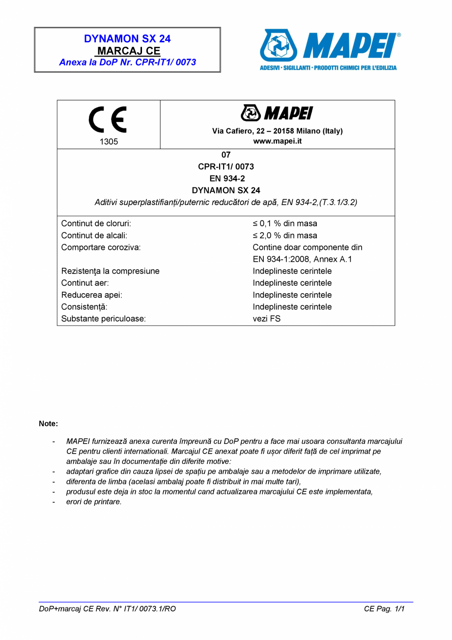 Pagina 2 - Declaratie de performanta pentru aditiv superplastifiant/puternic reducator de apa  MAPEI...