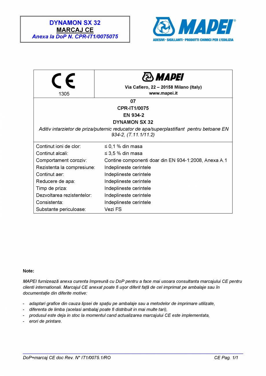 Pagina 2-Declaratie de performanta pentru aditiv intarzietor de priza/puternic reducator de...