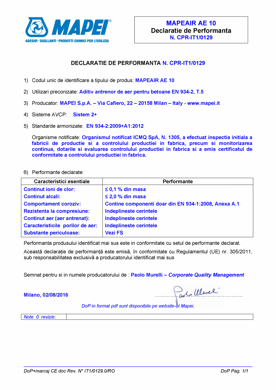 Pagina 1-Declaratie de performanta pentru aditiv antrenor de aer pentru betoane MAPEI MAPEAIR AE 10...
