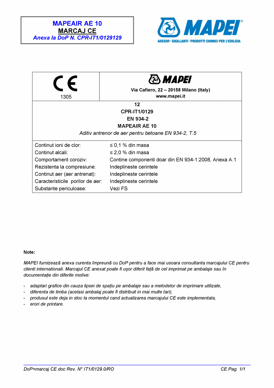 Pagina 2 - Declaratie de performanta pentru aditiv antrenor de aer pentru betoane MAPEI MAPEAIR AE...