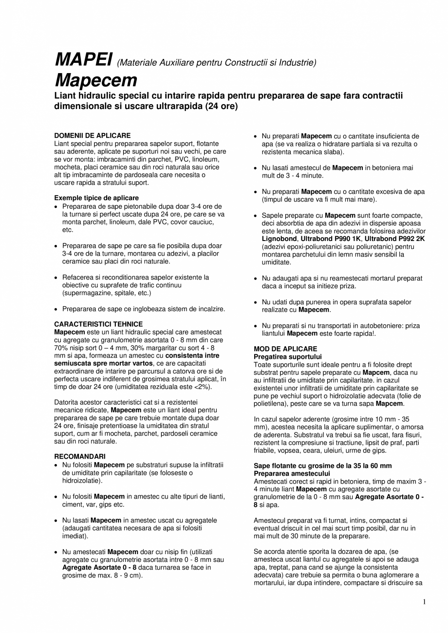 Pagina 1-Liant hidraulic special cu intarire rapida pentru prepararea de sape fara contractii dimensionale si...