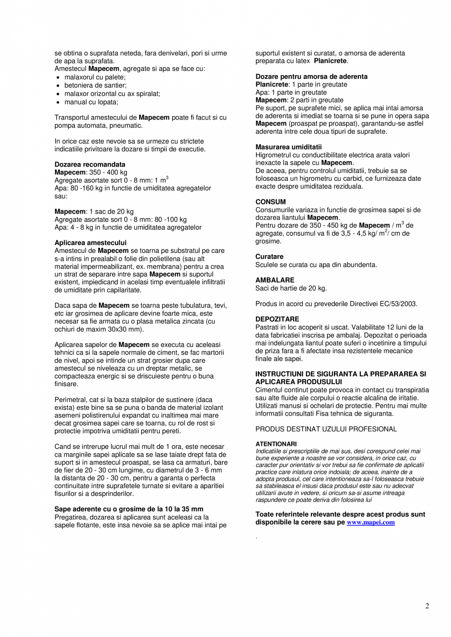 Pagina 2 - Liant hidraulic special cu intarire rapida pentru prepararea de sape fara contractii...