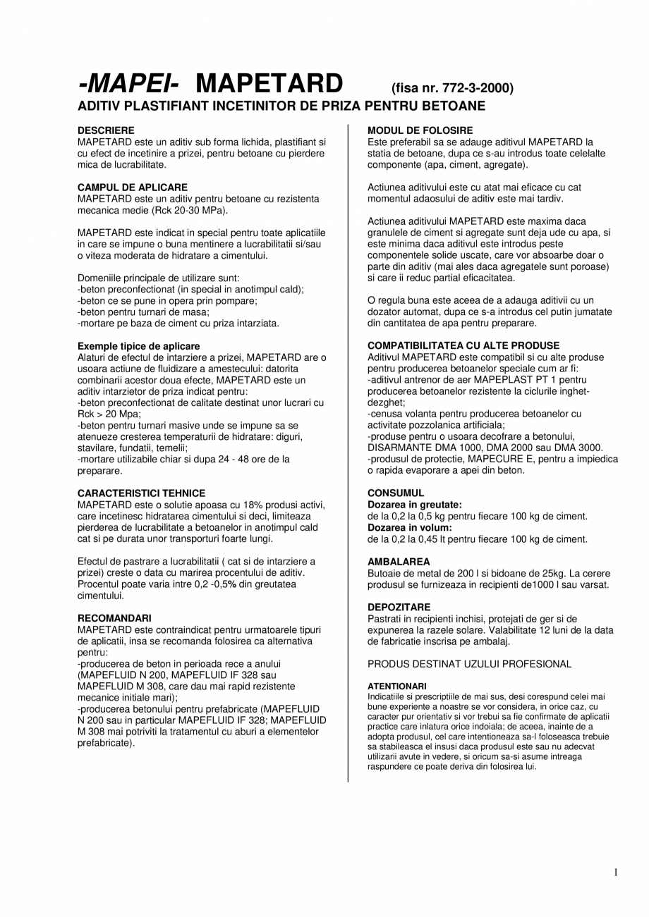 Pagina 1-Aditiv plastifiant incetinitor de priza pentru betoane MAPEI MAPETARD Fisa tehnica Romana -MAPEI-...