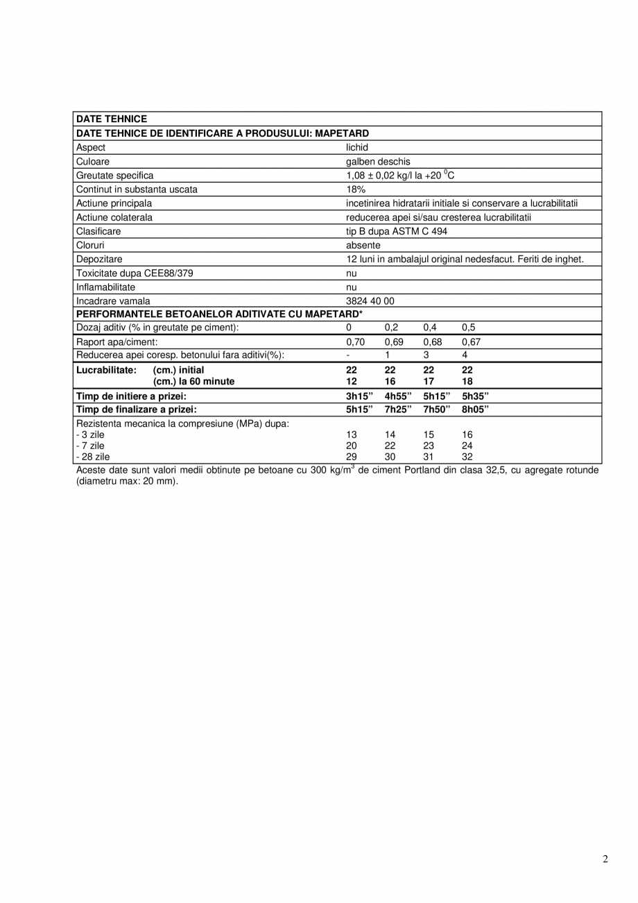 Pagina 2-Aditiv plastifiant incetinitor de priza pentru betoane MAPEI MAPETARD Fisa tehnica Romana aditivului...