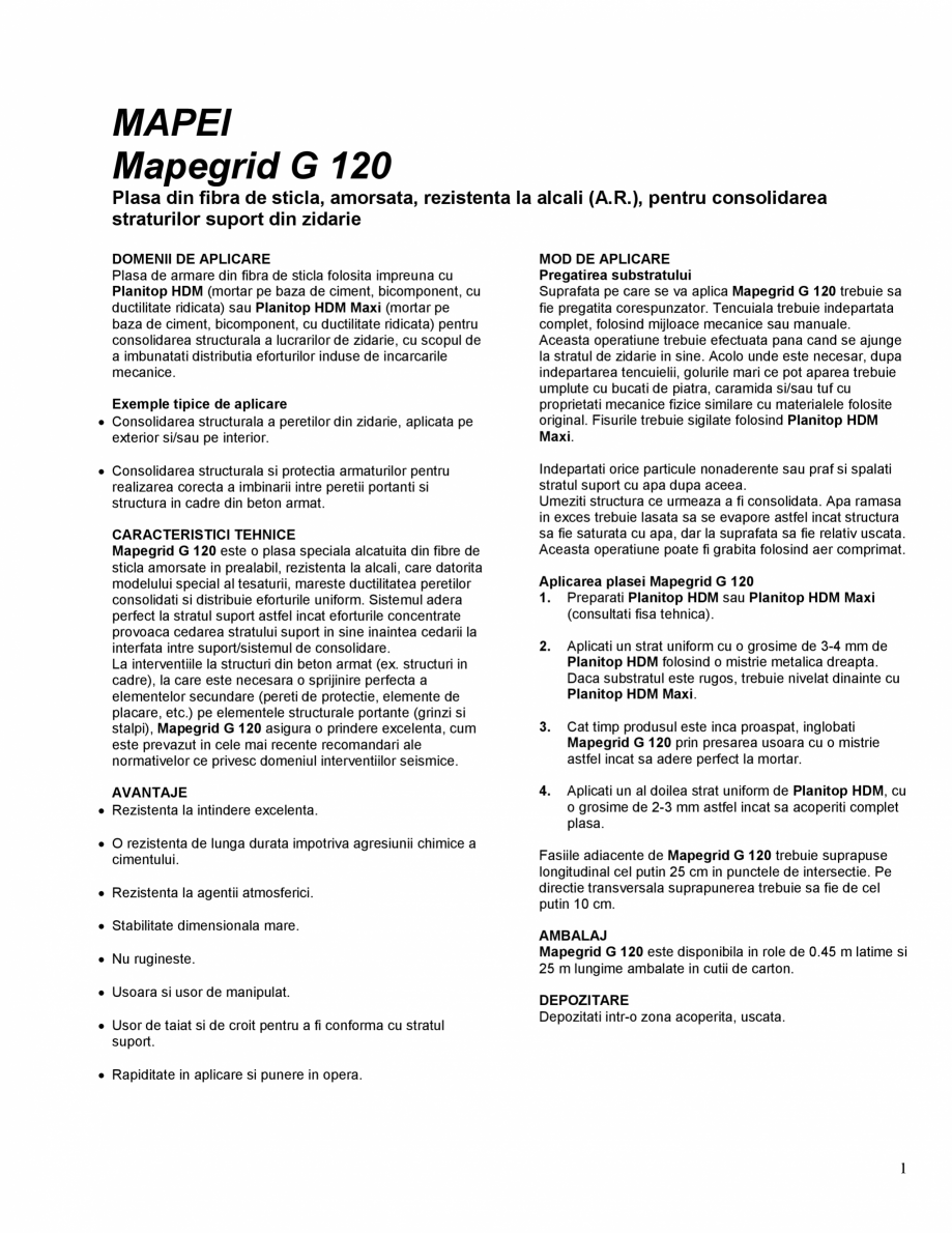 Pagina 1-Plasa din fibra de sticla, amorsata, rezistenta la alcali (A.R.), pentru consolidarea straturilor...