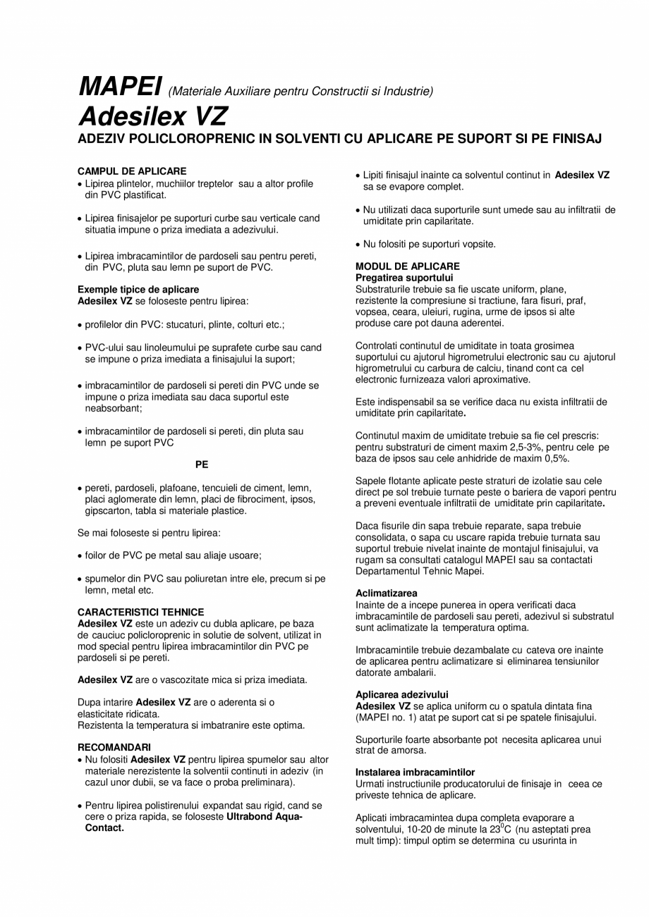 Pagina 1-Adeziv policloroprenic in solventi cu aplicare pe suport si pe finisaj  MAPEI ADESILEX VZ Fisa...