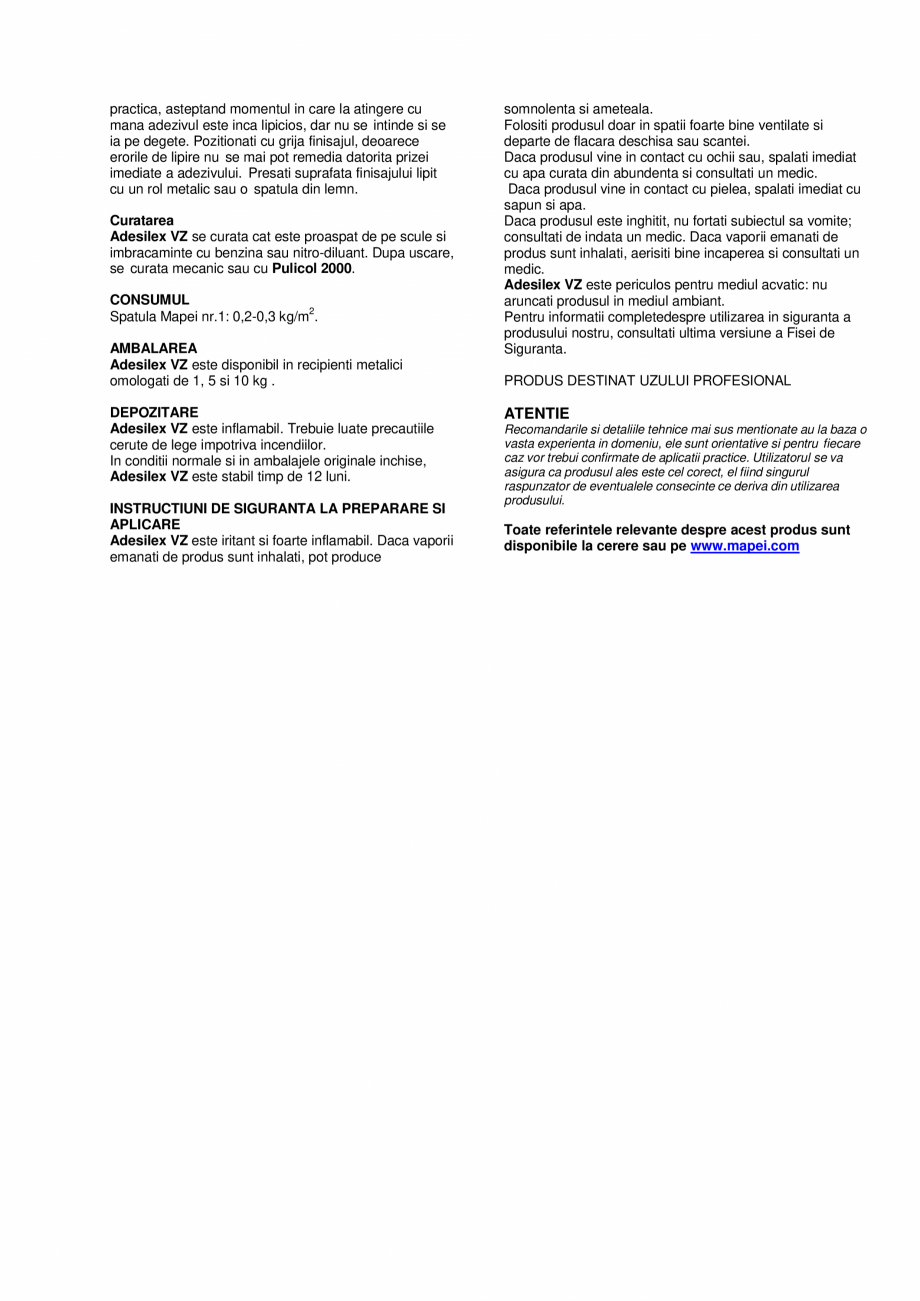 Pagina 2-Adeziv policloroprenic in solventi cu aplicare pe suport si pe finisaj  MAPEI ADESILEX VZ Fisa...