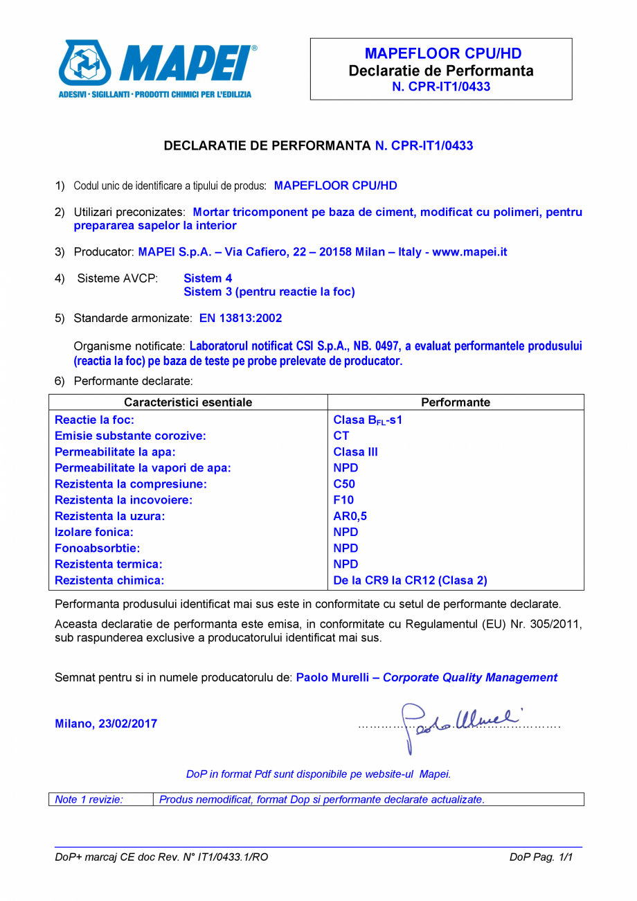 Pagina 1-Declaratie de performanta - Mortar tricomponent pe baza de ciment, modificat cu polimeri, pentru...
