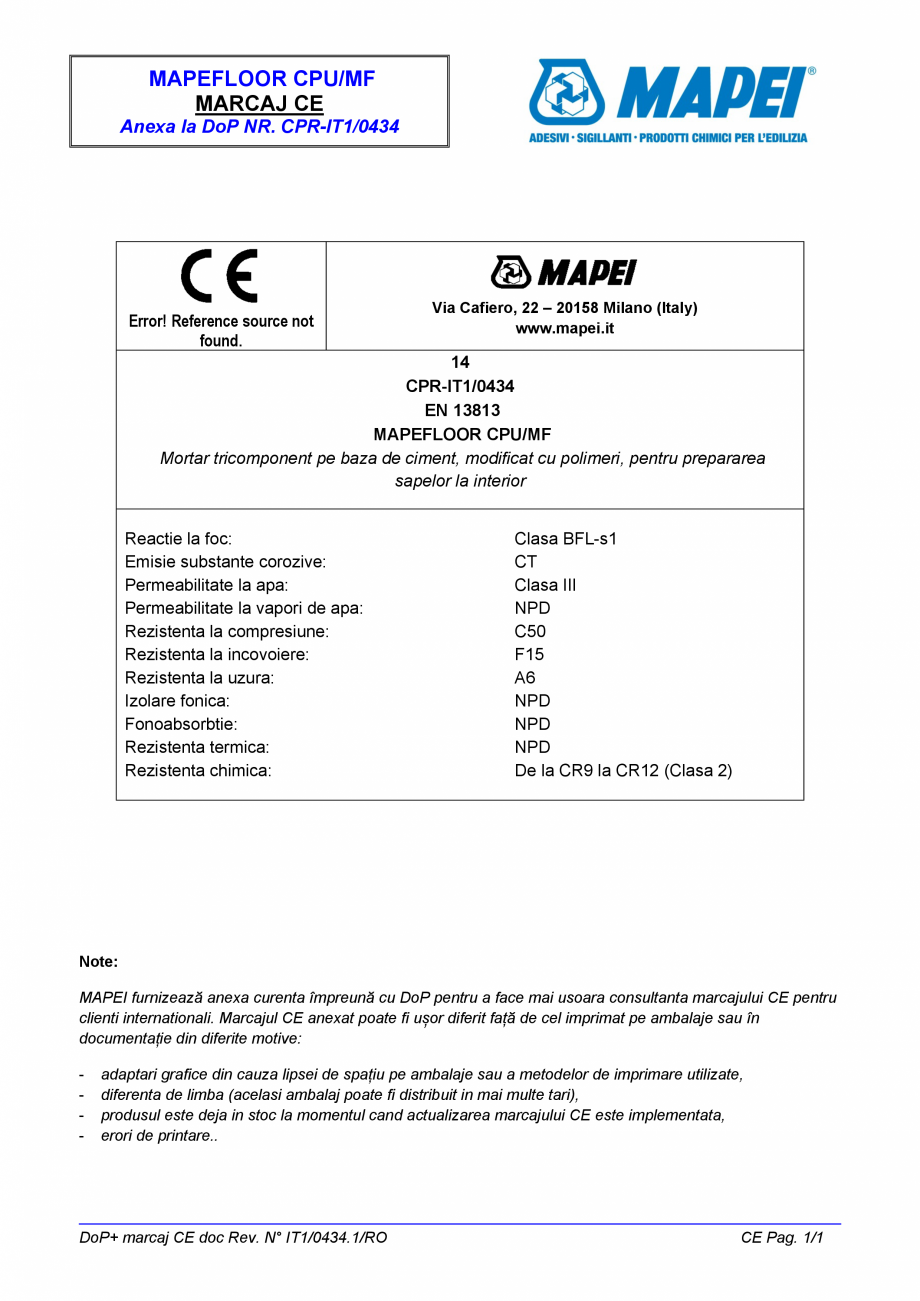 Pagina 2-Declaratie de performanta - Mortar tricomponent pe baza de ciment, modificat cu polimeri, pentru...