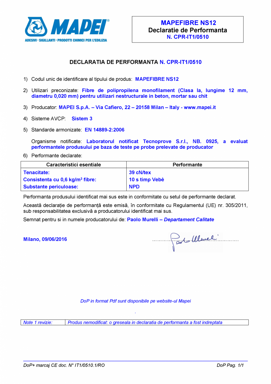 Pagina 1 - Declaratie de performanta - fibre de polipropilena monofilament pentru utilizari...