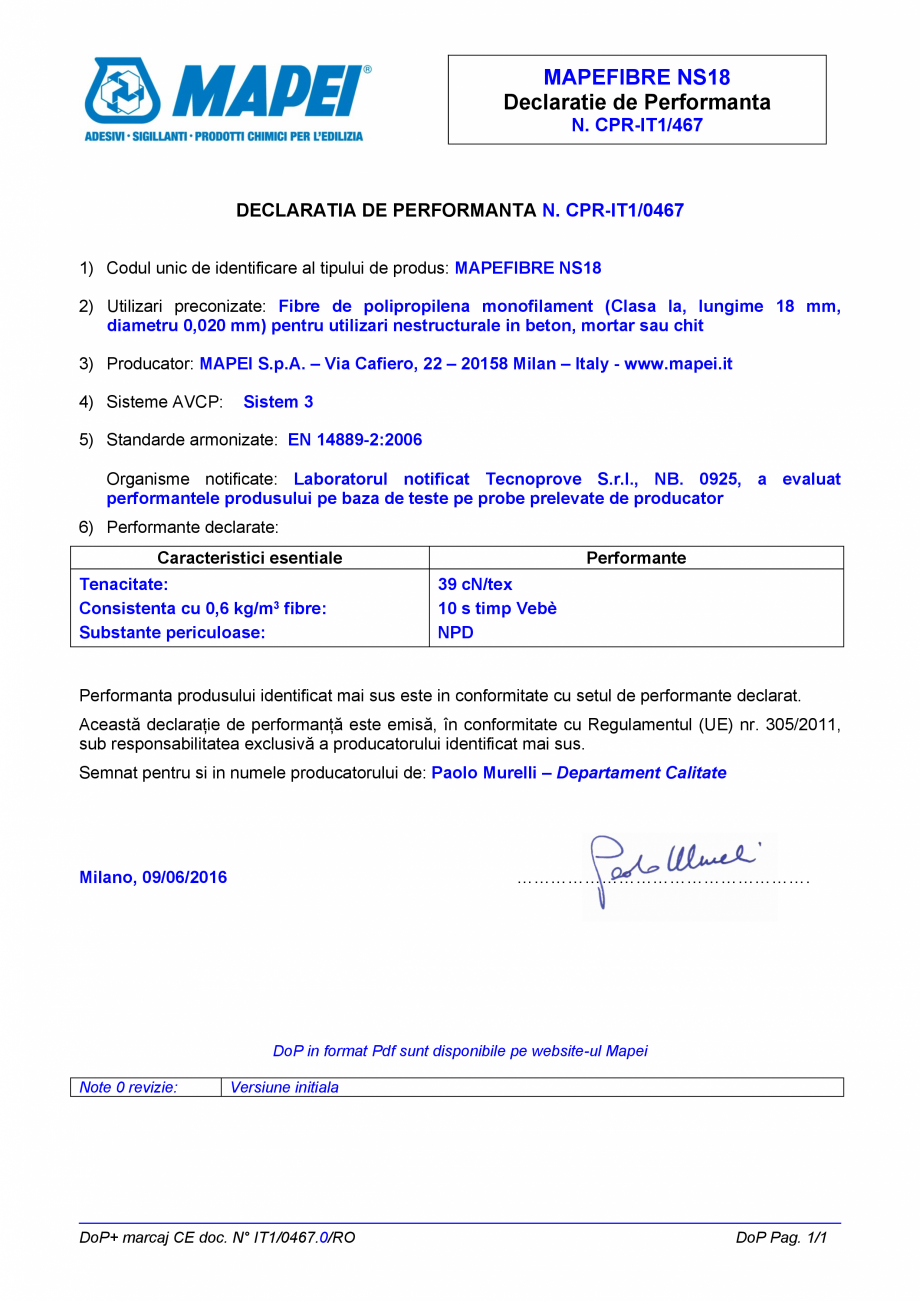 Pagina 1 - Declaratie de performanta - Fibre de polipropilena monofilament pentru utilizari...