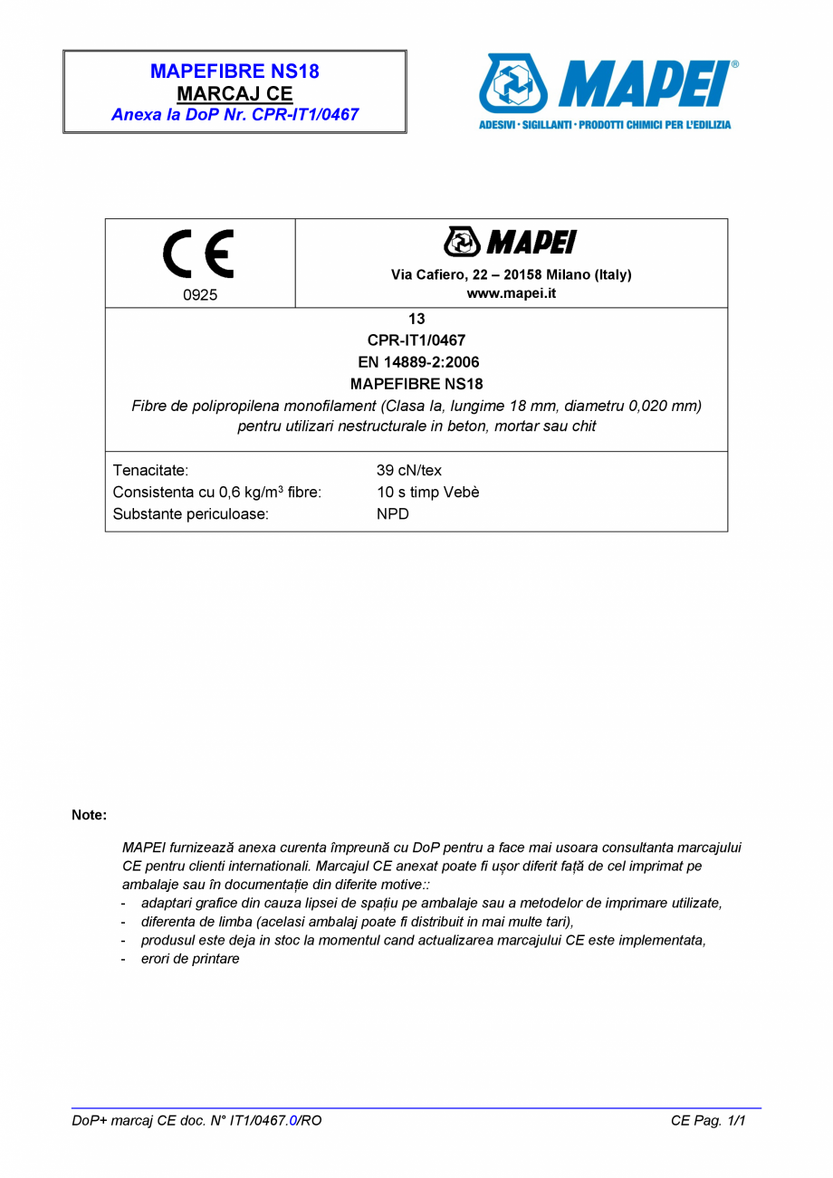 Pagina 2-Declaratie de performanta - Fibre de polipropilena monofilament pentru utilizari nestructurale in...