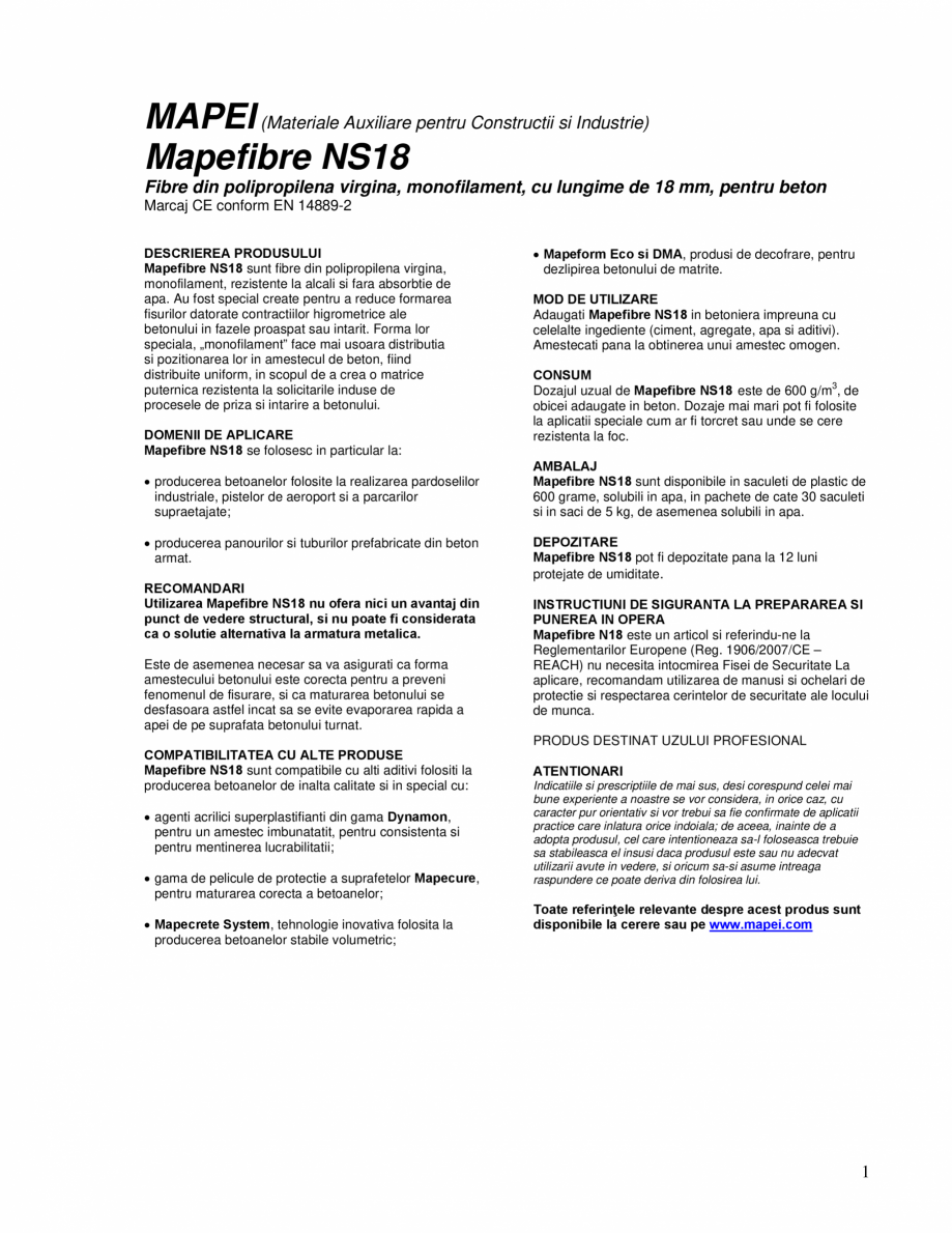 Pagina 1-Fibre din polipropilena virgina, monofilament, cu lungime de 18 mm, pentru beton MAPEI MAPEFIBRE...