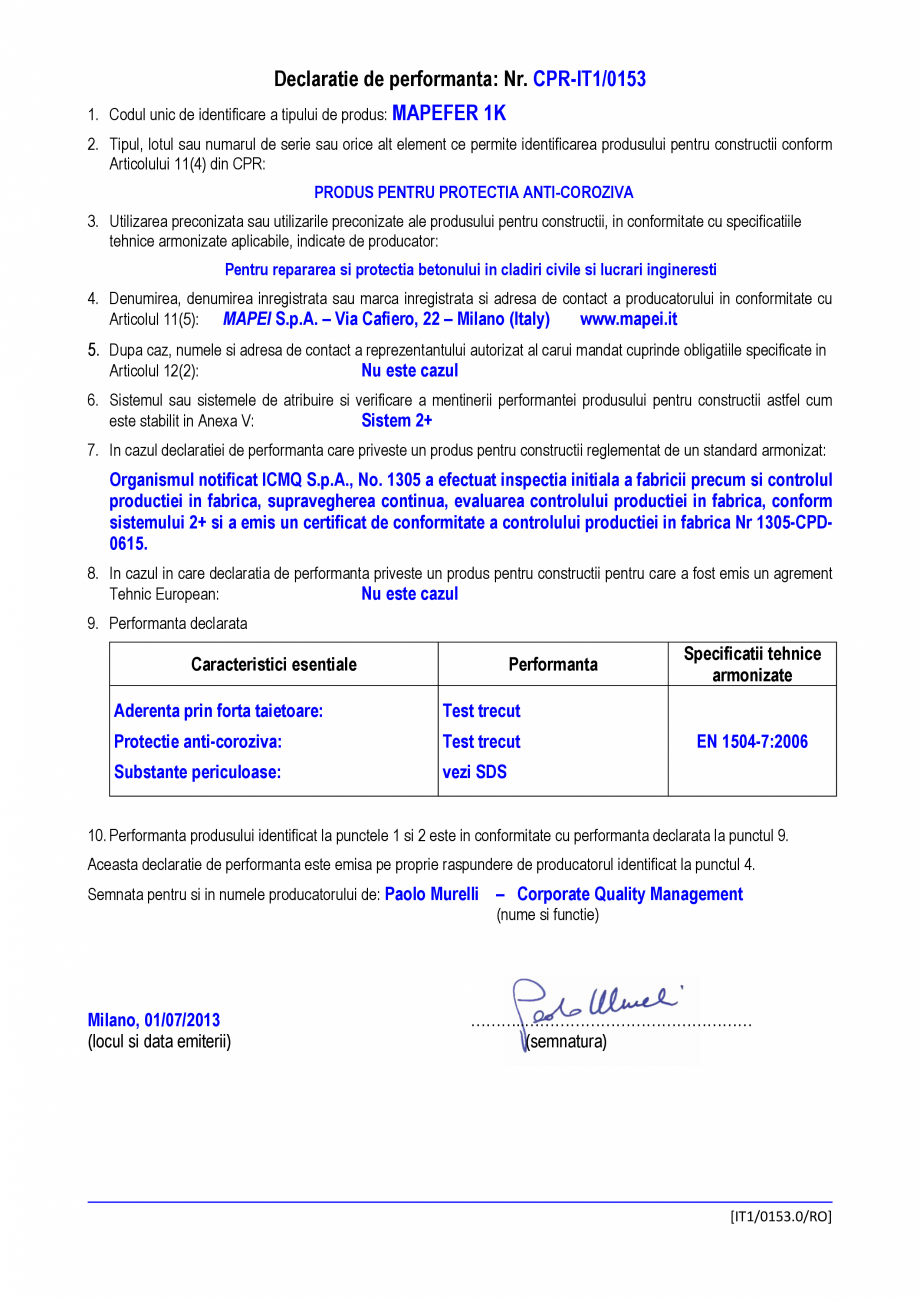 Pagina 1 - Declaratie de performanta - Produs pentru protectia anticoroziva MAPEI MAPEFER 1K...