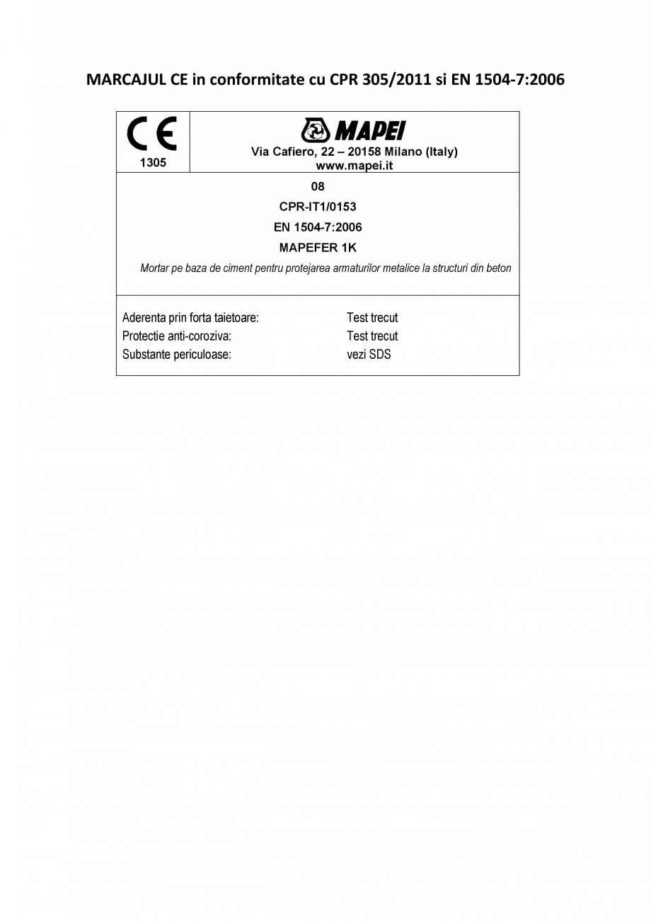 Pagina 2-Declaratie de performanta - Produs pentru protectia anticoroziva MAPEI MAPEFER 1K Certificare produs...