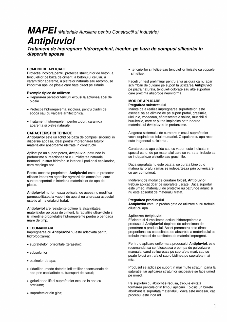 Pagina 1-Tratament de impregnare hidrorepelent, incolor, pe baza de compusi siliconici in dispersie apoasa...