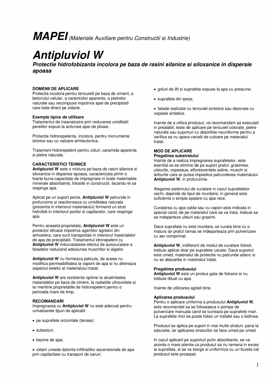 Pagina 1-Protectie hidrofobizanta incolora pe baza de rasini silanice si siloxanice in dispersie apoasa MAPEI...