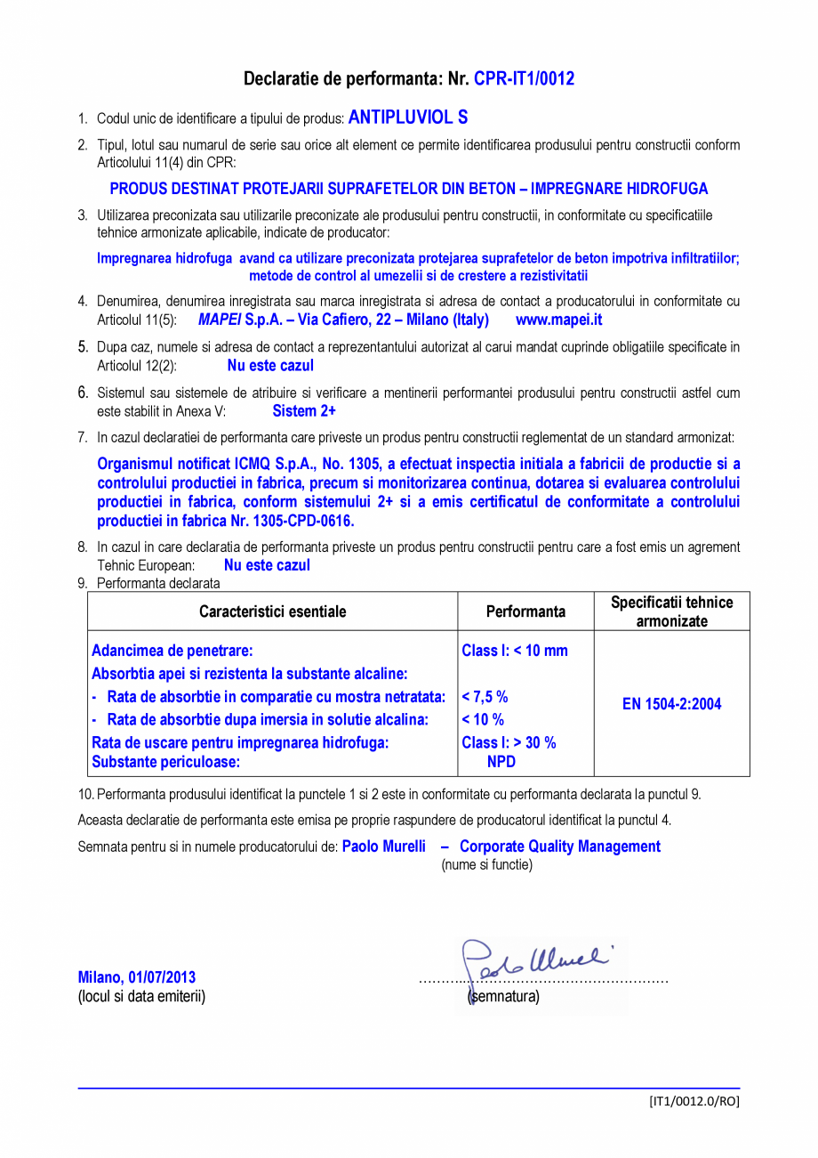 Pagina 1-Declaratie de performanta - Produs destinat protejarii suprafetelor din beton - impregnare hidrofuga...