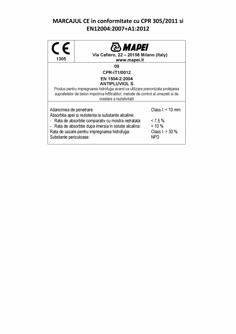Pagina 2-Declaratie de performanta - Produs destinat protejarii suprafetelor din beton - impregnare hidrofuga...