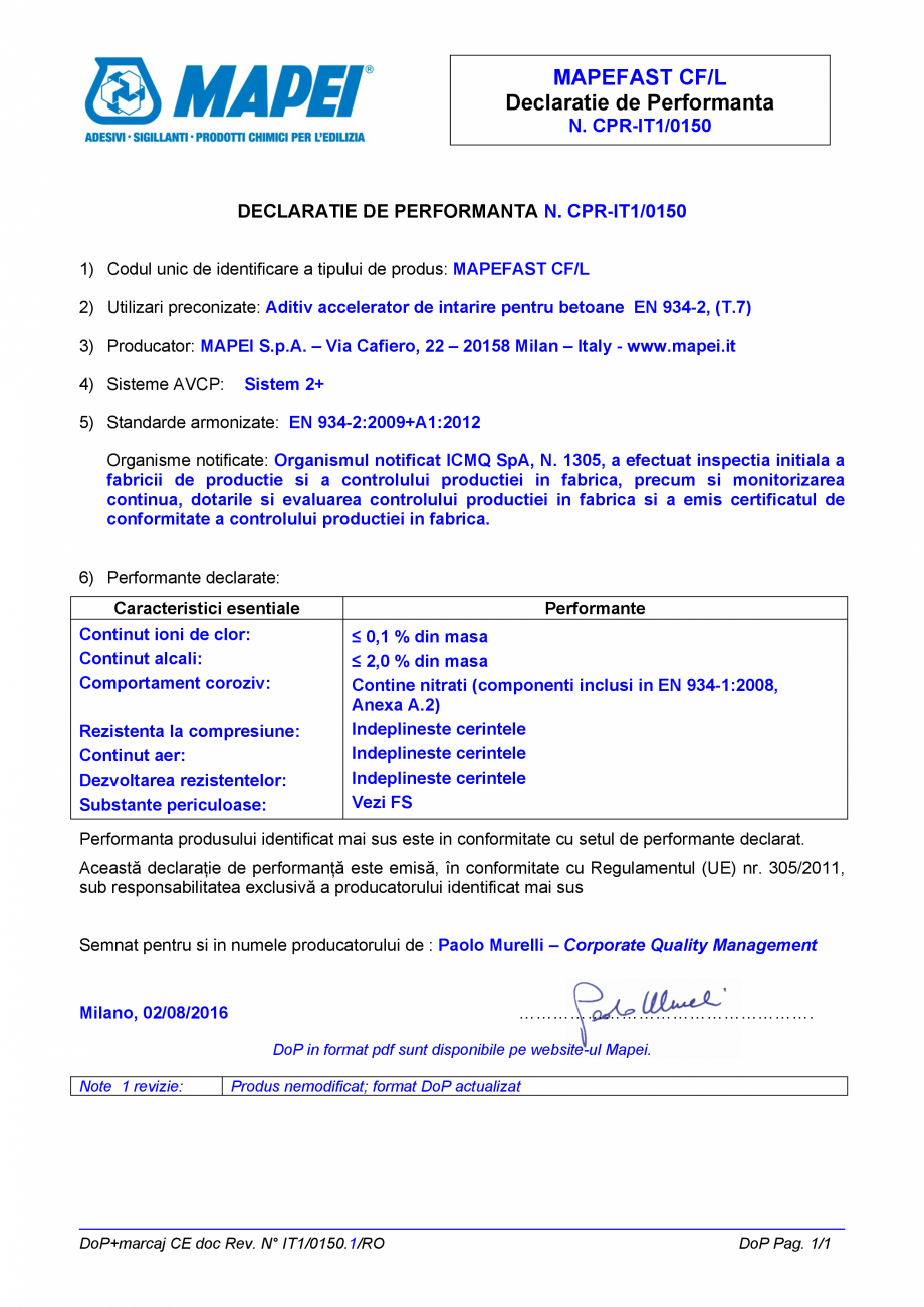 Pagina 1 - Declaratie de performanta - Aditiv accelerator de intarire pentru betoane EN 934-2, (T.7)...