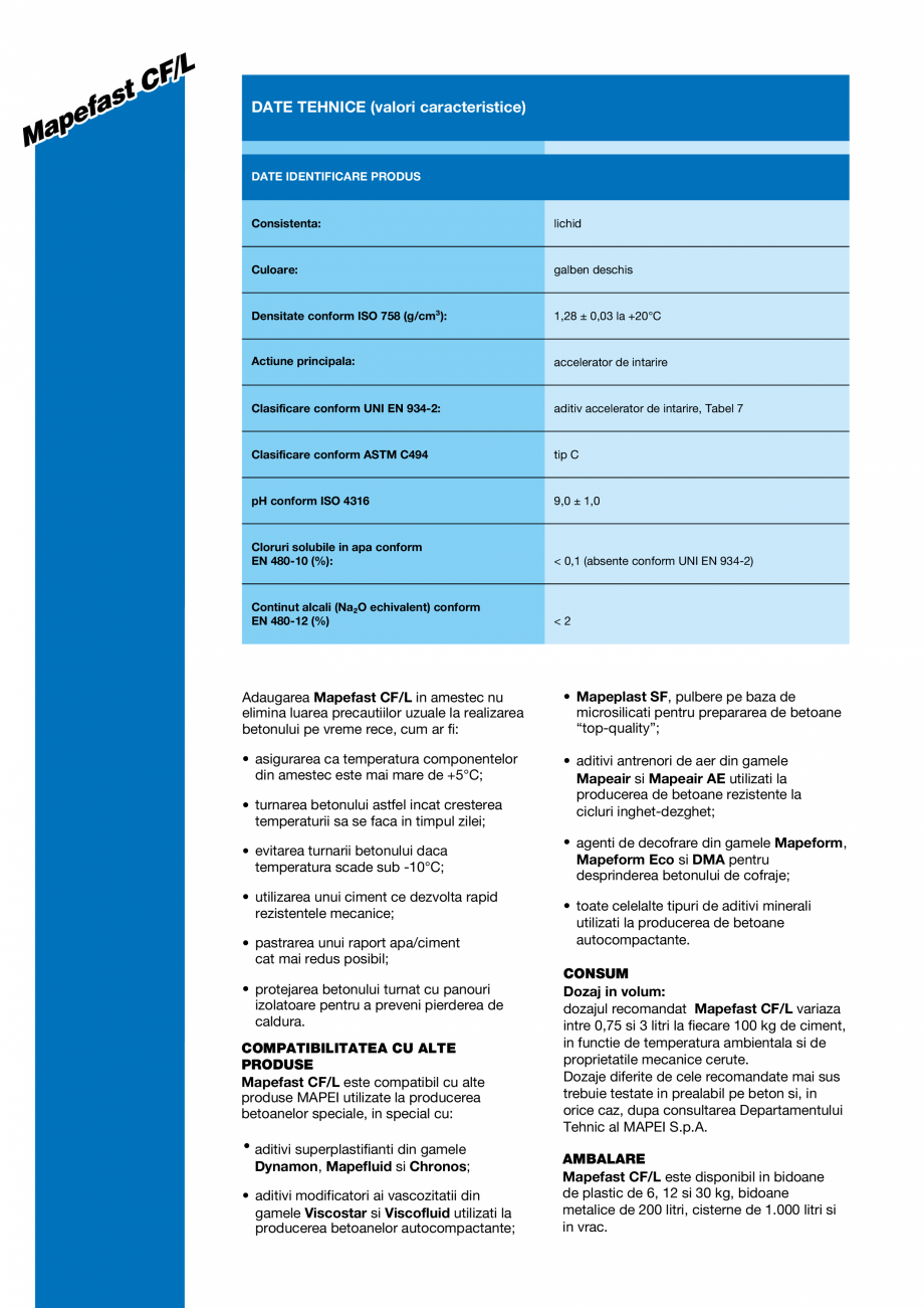 Pagina 2-Aditiv accelerator, fara cloruri, pentru betoane si mortare MAPEI MAPEFAST CF/L Fisa tehnica Romana ...