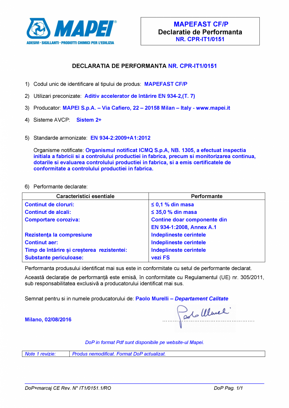 Pagina 1-Declaratie de performanta - Aditiv accelerator de intarire EN 934-2,(T. 7) MAPEI MAPEFAST CF/P...