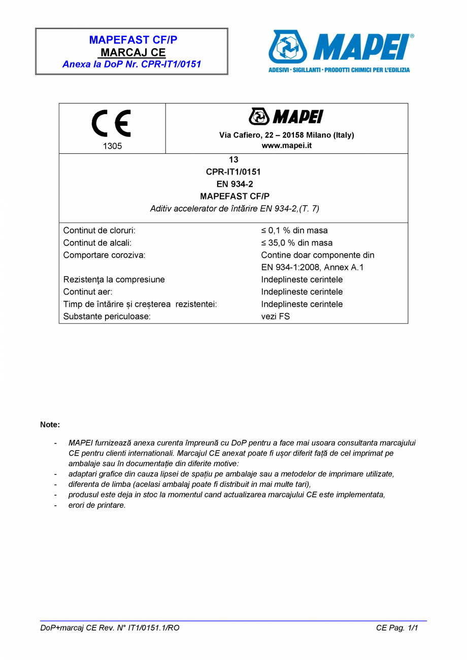 Pagina 2 - Declaratie de performanta - Aditiv accelerator de intarire EN 934-2,(T. 7) MAPEI MAPEFAST...