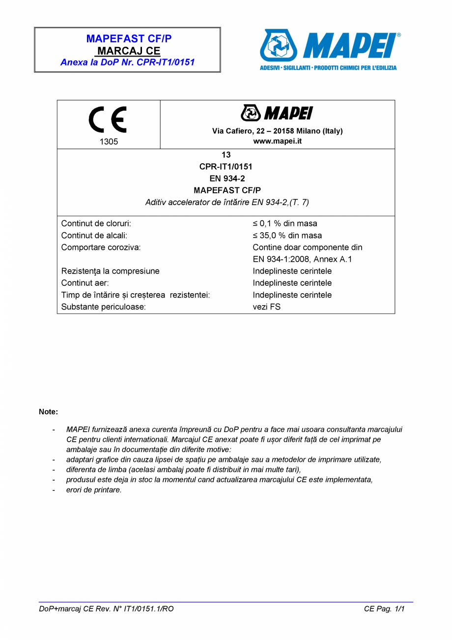 Pagina 2-Declaratie de performanta - Aditiv accelerator de intarire EN 934-2,(T. 7) MAPEI MAPEFAST CF/P...