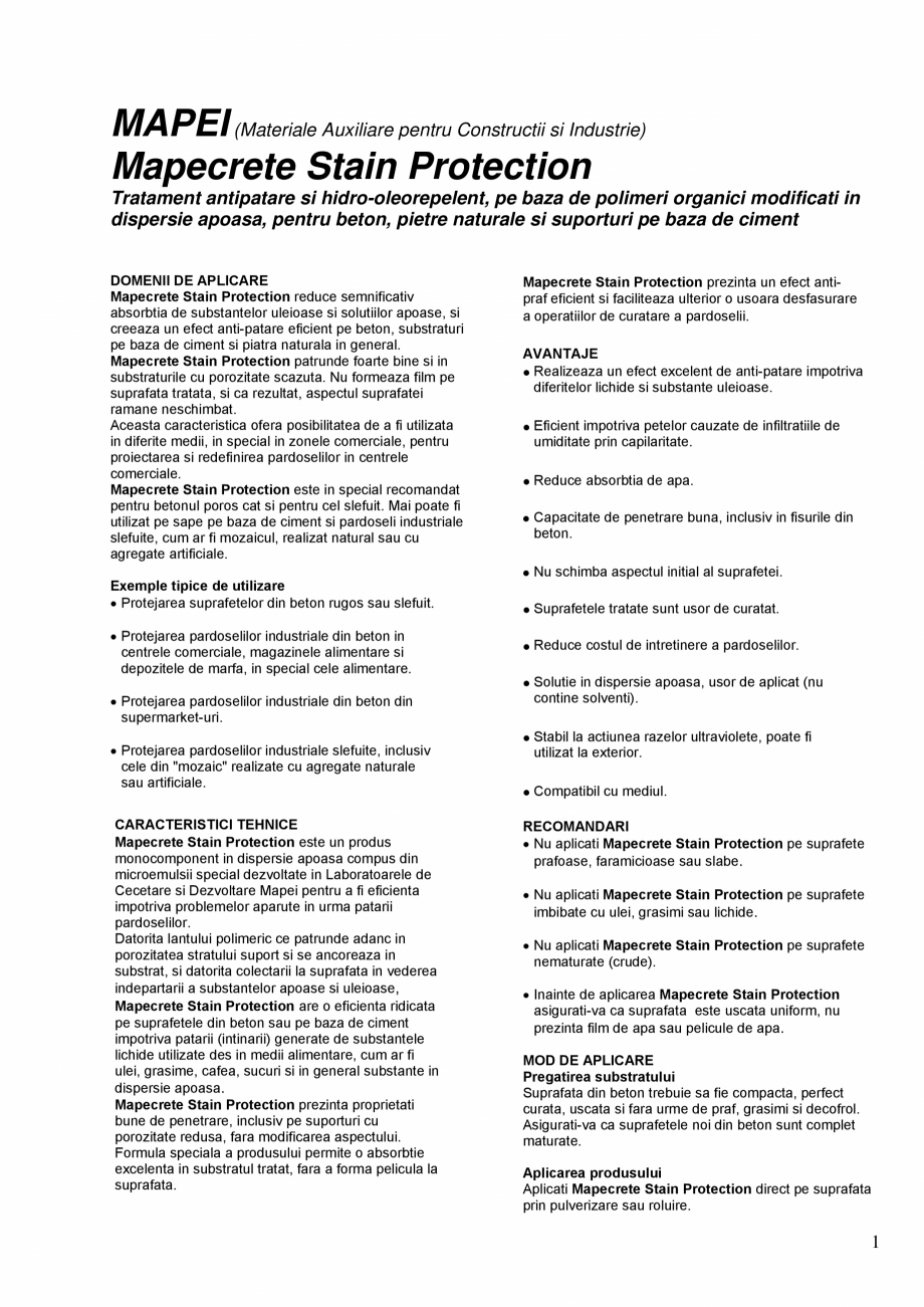 Pagina 1-Tratament antipatare si hidro-oleorepelent pentru beton, pietre naturale si suporturi pe baza de...