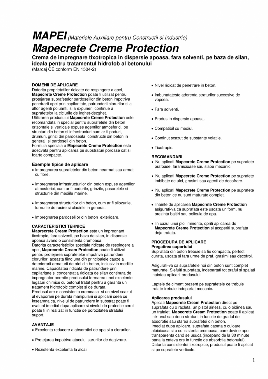 Pagina 1-Crema de impregnare tixotropica in dispersie apoasa ideala pentru tratamentul hidrofob al betonului ...