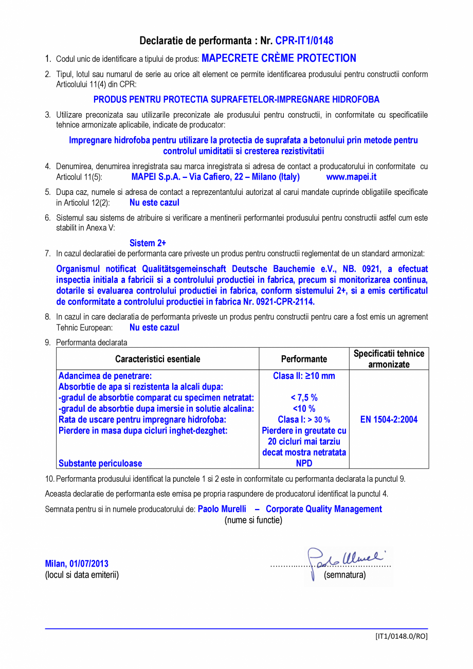 Pagina 1-Declaratie de performanta - Produs pentru protectia suprafetelor - impregnare hidrofoba MAPEI...
