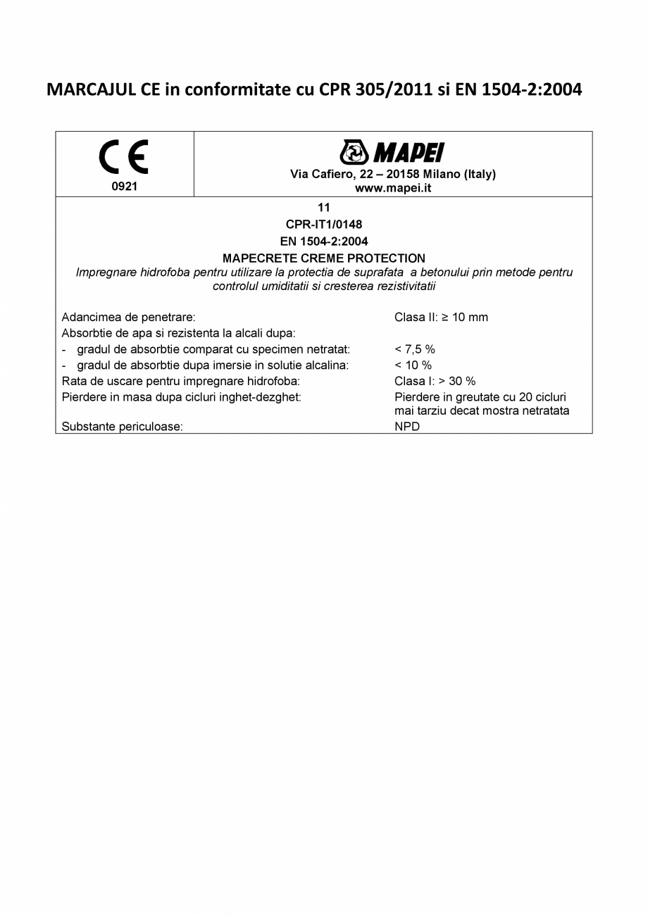 Pagina 2-Declaratie de performanta - Produs pentru protectia suprafetelor - impregnare hidrofoba MAPEI...