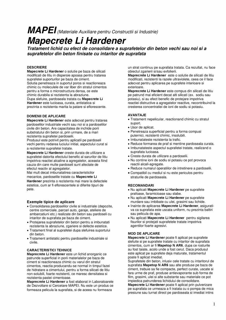 Pagina 1-Tratament lichid cu efect de consolidare a suprafetelor din beton vechi sau noi si a suprafetelor...