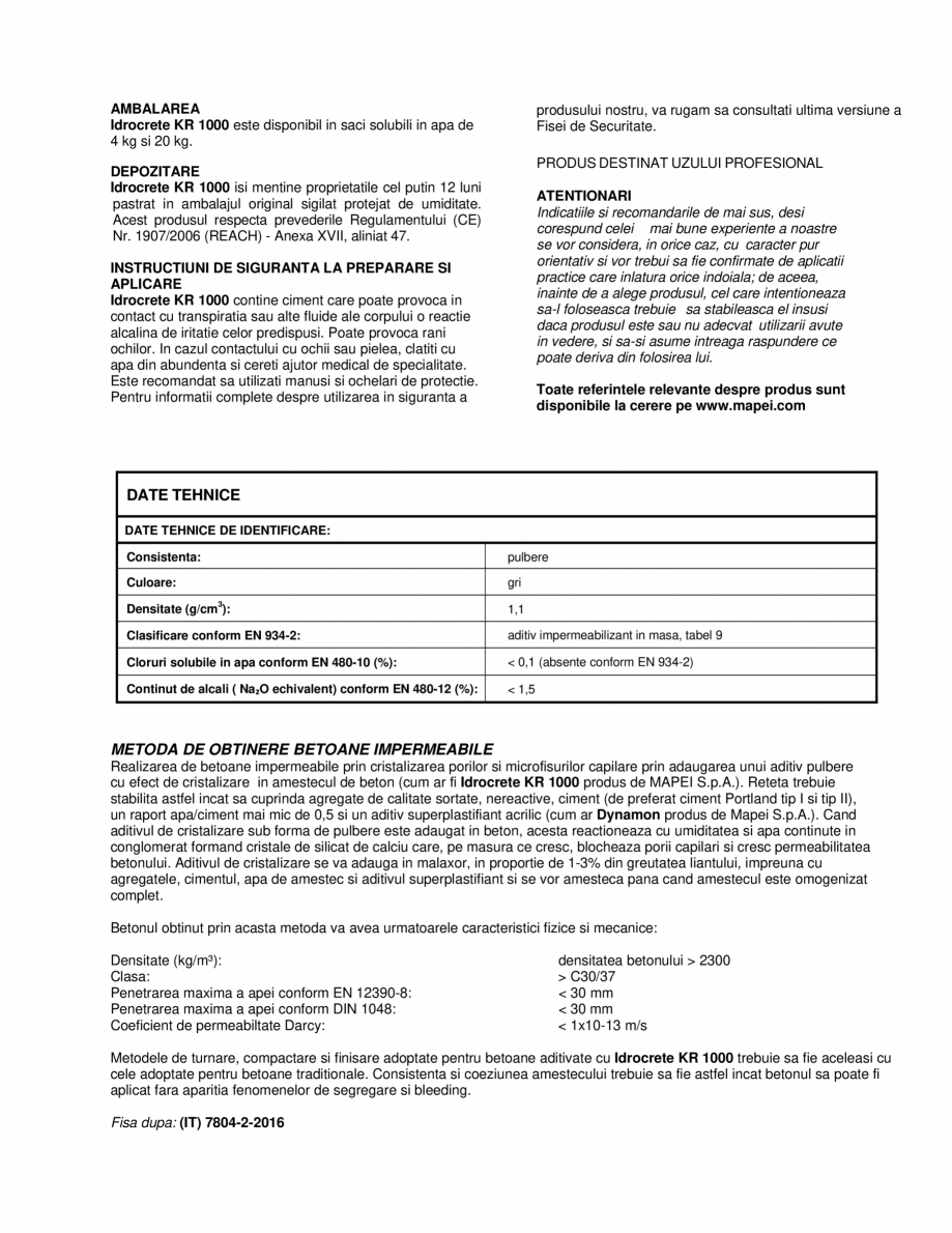Pagina 2-Aditiv de cristalizare pentru betoane rezistente la presiunea apei MAPEI IDROCRETE KR 1000 Fisa...