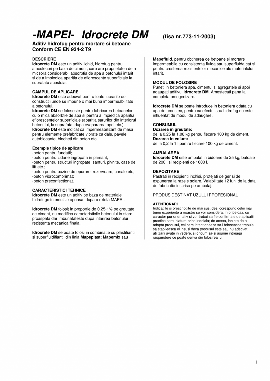 Pagina 1-Aditiv hidrofug pentru mortare si betoane MAPEI IDROCRETE DM Fisa tehnica Romana -MAPEI- Idrocrete...
