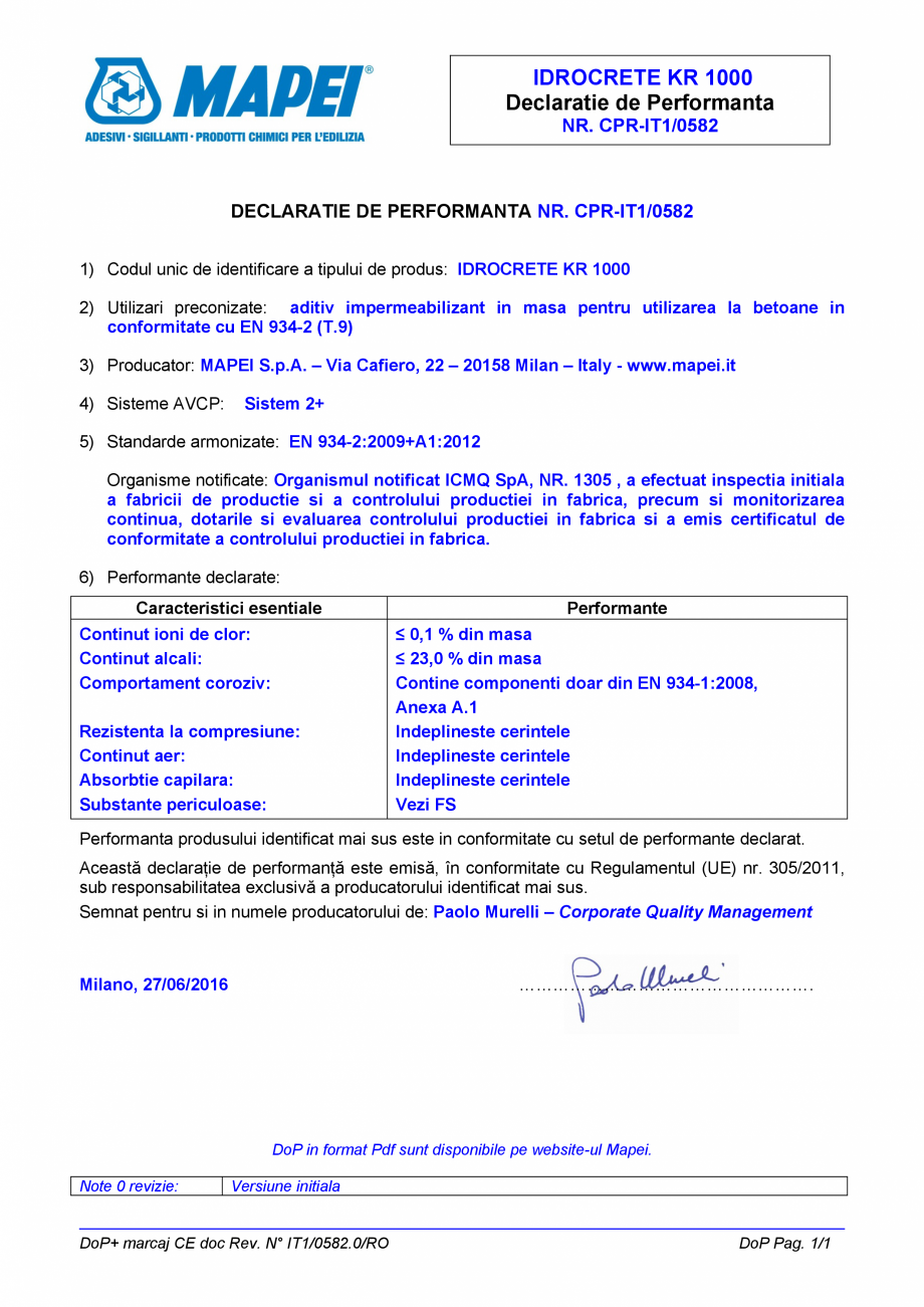 Pagina 1-Declaratie de performanta - Aditiv impermeabilizant pentru utilizarea la betoane in conformitate cu ...