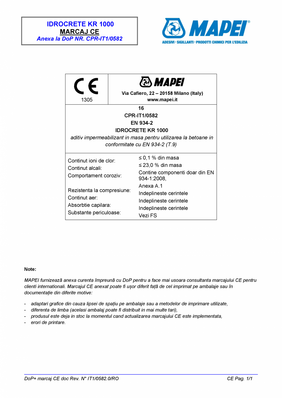 Pagina 2-Declaratie de performanta - Aditiv impermeabilizant pentru utilizarea la betoane in conformitate cu ...