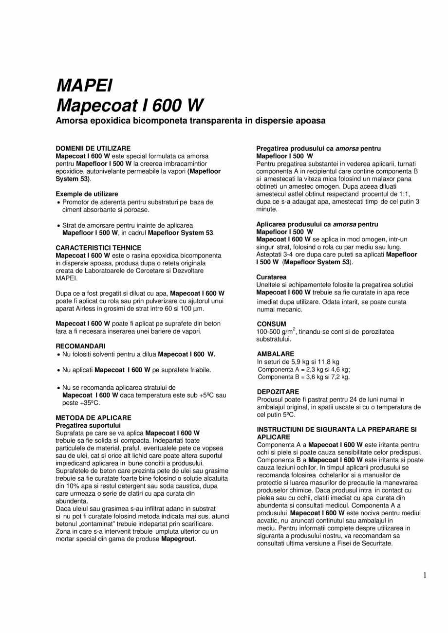Pagina 1-Amorsa epoxidica bicomponeta transparenta in dispersie apoasa MAPEI MAPECOAT I 600W Fisa tehnica...