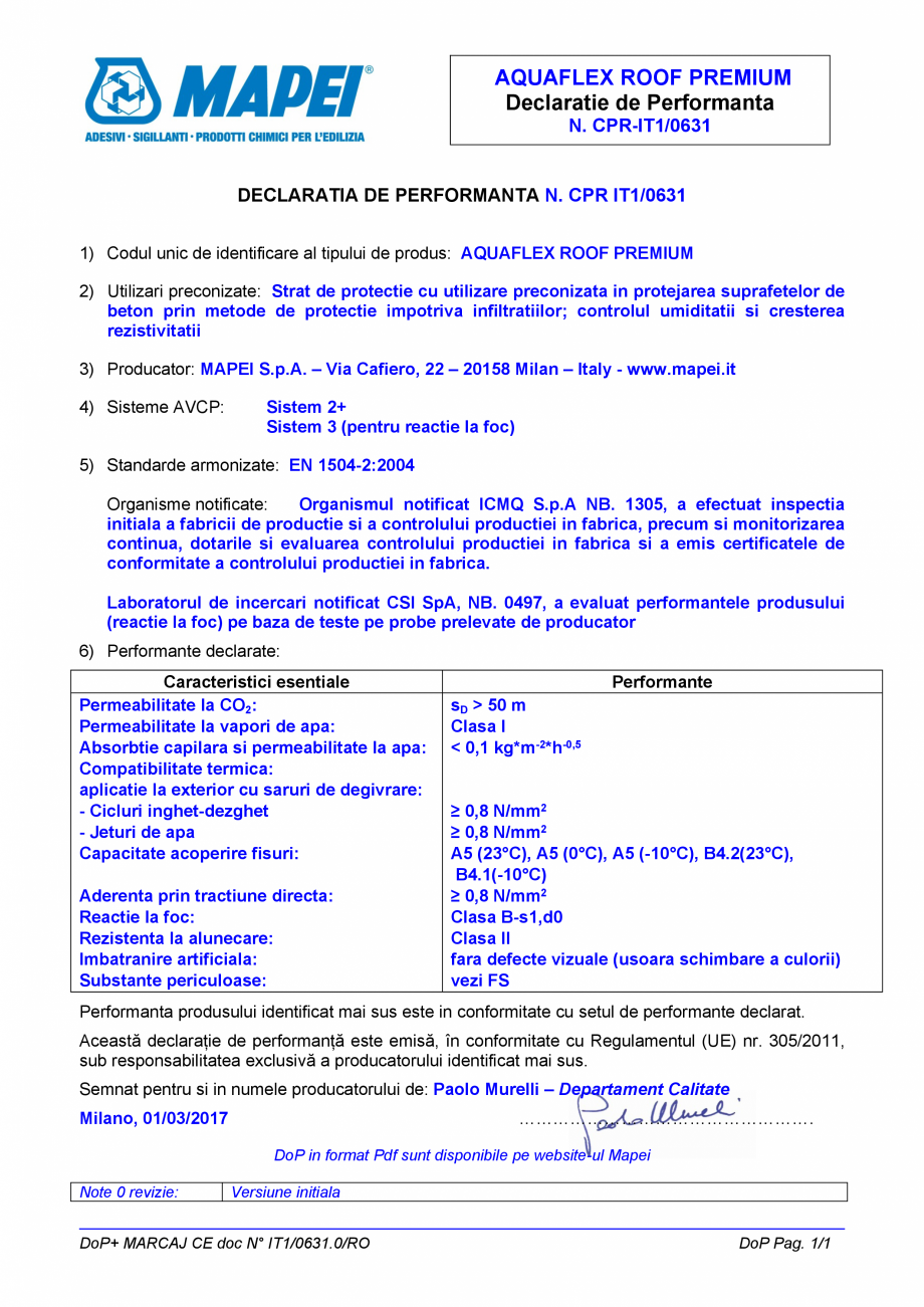 Pagina 1-AQUAFLEX ROOF PREMIUM - c MAPEI Certificare produs Romana AQUAFLEX ROOF PREMIUM
Declaratie de...