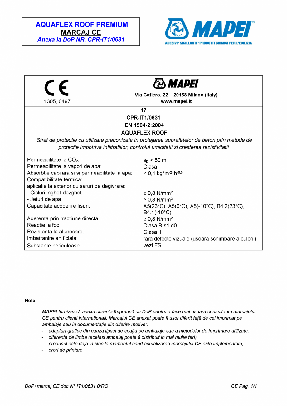 Pagina 2-AQUAFLEX ROOF PREMIUM - c MAPEI Certificare produs Romana  la foc) pe baza de teste pe probe...