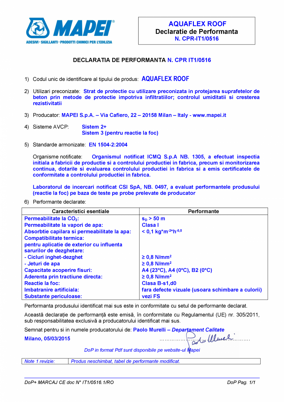 Pagina 1-AQUAFLEX ROOF - c MAPEI Certificare produs Romana AQUAFLEX ROOF
Declaratie de Performanta
N....