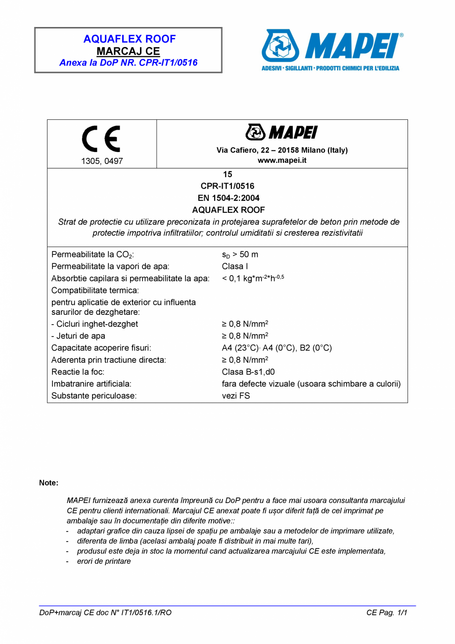 Pagina 2-AQUAFLEX ROOF - c MAPEI Certificare produs Romana za de teste pe probe prelevate de producator
6)...