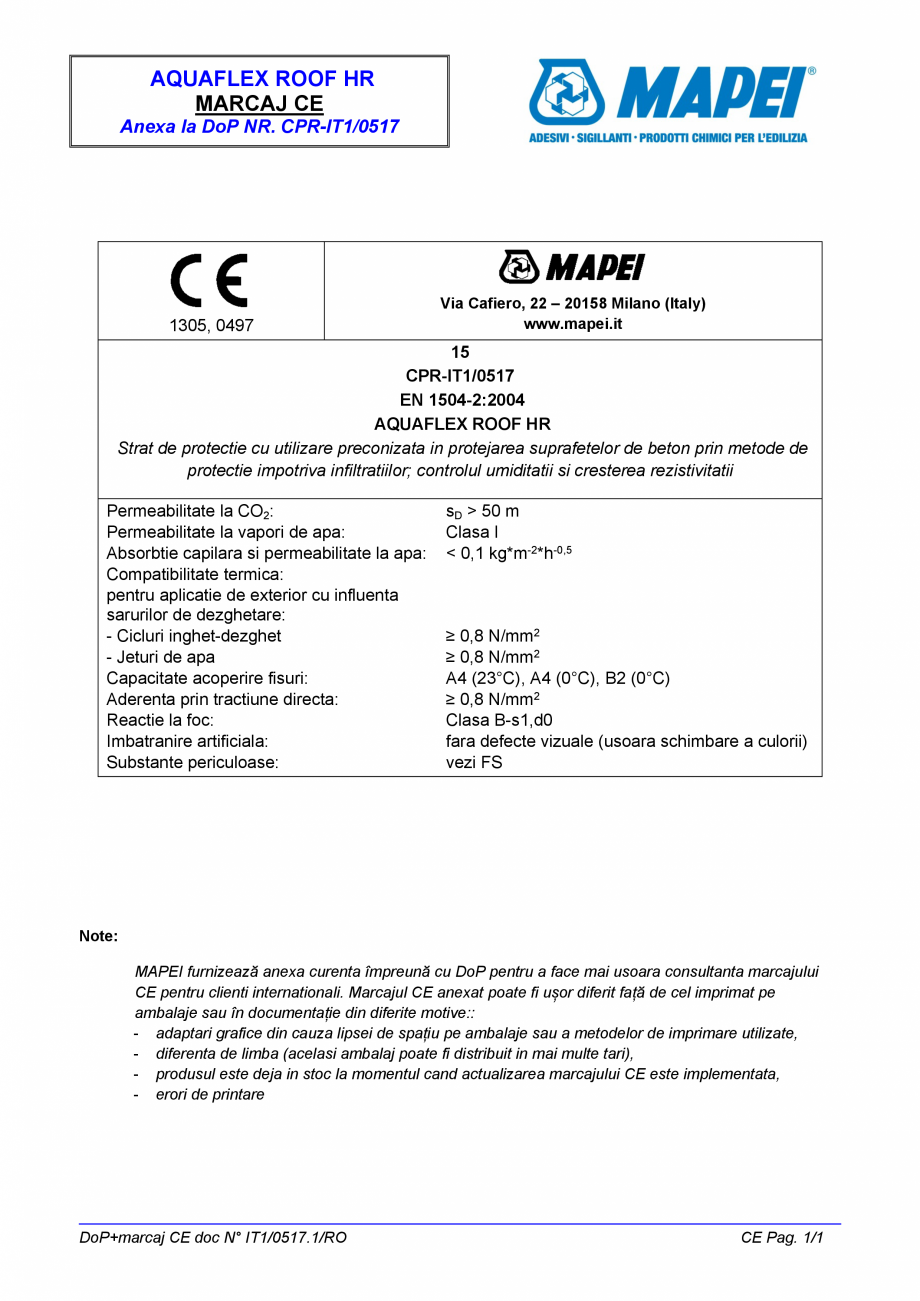 Pagina 2-AQUAFLEX ROOF HR  -c MAPEI Certificare produs Romana  pe baza de teste pe probe prelevate de...