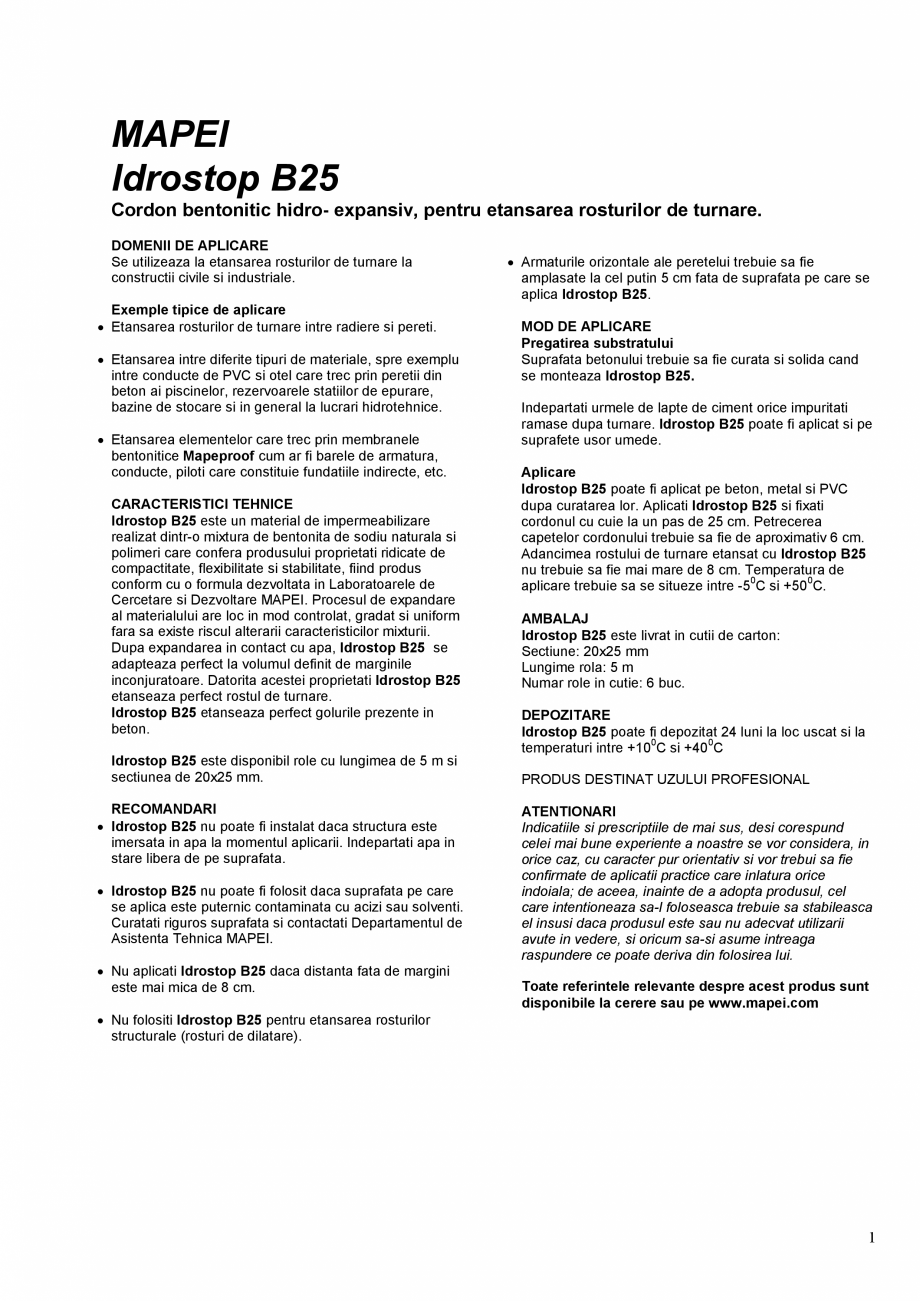 Pagina 1-Cordon bentonitic hidro-expansiv, pentru etansarea rosturilor de turnare MAPEI IDROSTOP B25 Fisa...